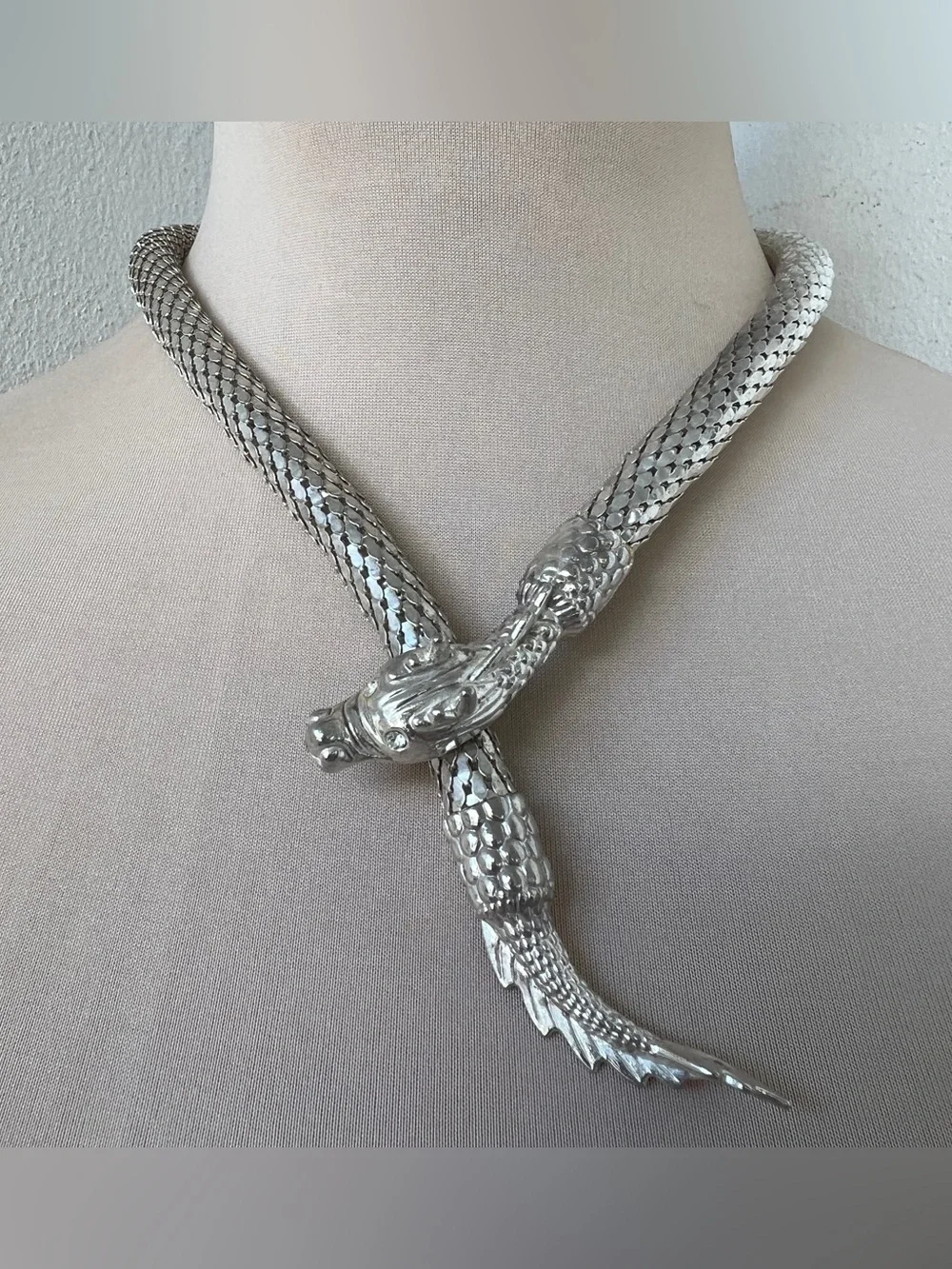Super rare vintage dragon necklace snake mesh lariat choker collar MINT 22”